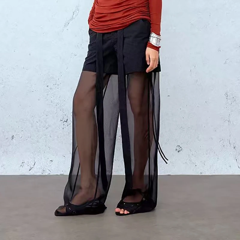 

Women's Double Layer Mesh Silk Splicing Casual Straight Leg Pants, Fashion Casual Peplum Pants, Wide Leg Pants, Summer, New, y2k