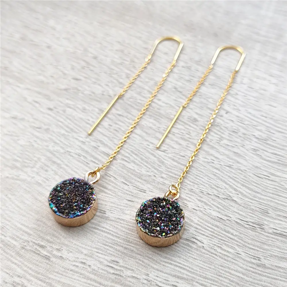 FUWO Wholesale Round Aura Druzy Threader Earrings,Golden Minimalist Titanium Plating Drusy Crystal Jewelry For Women 5Pair ER145