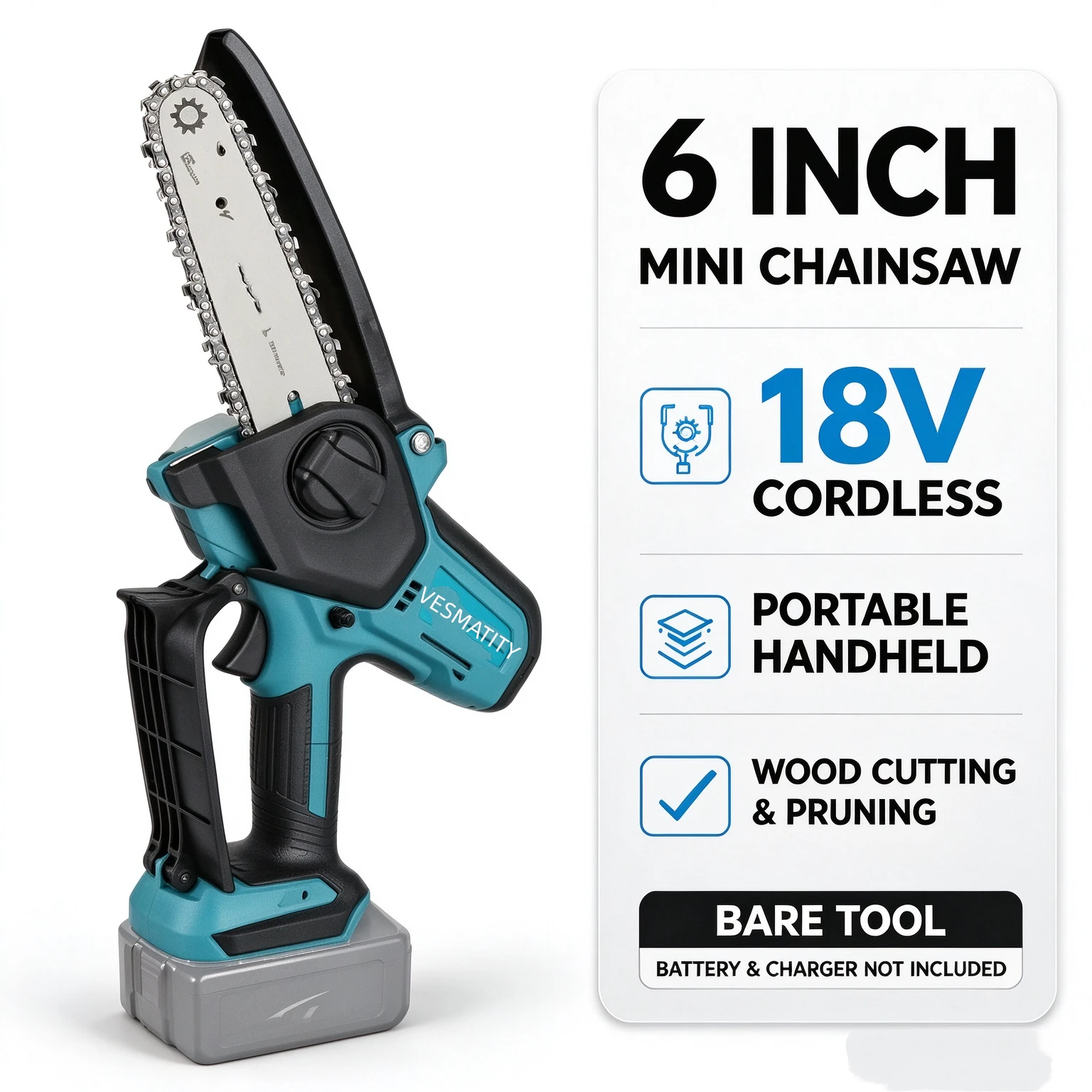 Mini Portable 18V Handheld Electric Chainsaw 6-inch Cordless Wood Cutting Saw for Garden Tree Pruning,No Battery