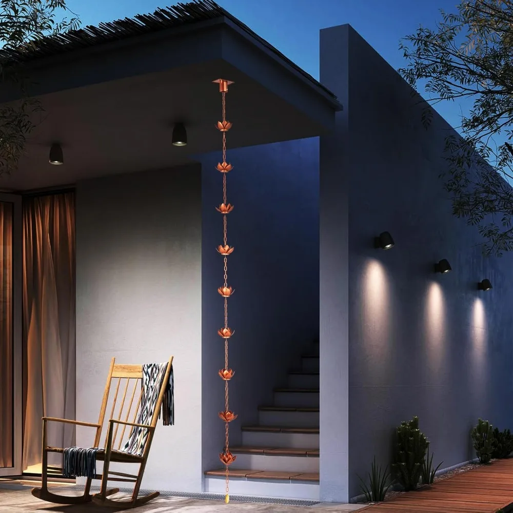 8.5ft Rain Chain for Gutters Downspouts Outside, Copper Plated Lotus Rain Chain Cups, Functional and Decorative Replacement for