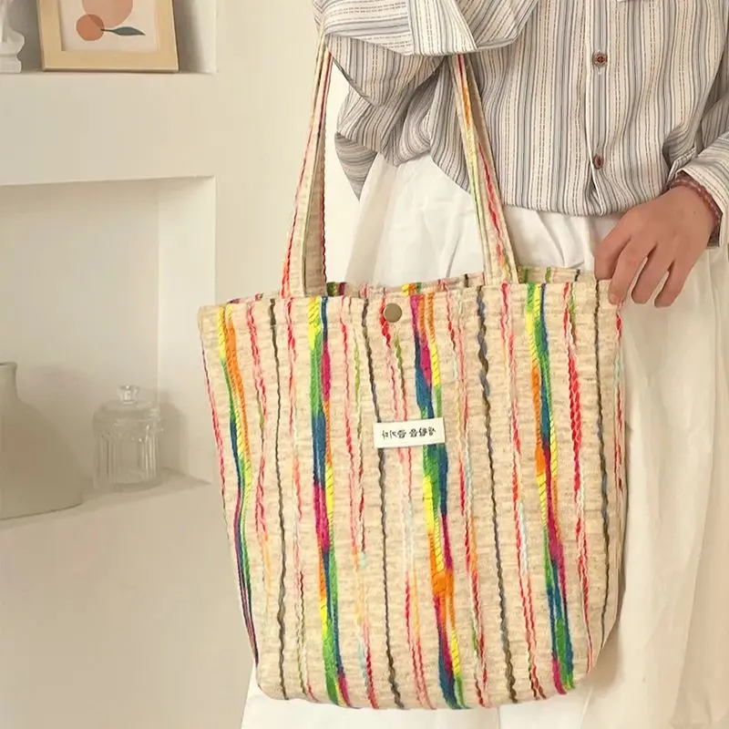 New Women\'s Bag RainbowStripes Tote Bag Commuting Shoulder Bag Leisure Simple Go Out Bag Large Capacity Woolen Handbag