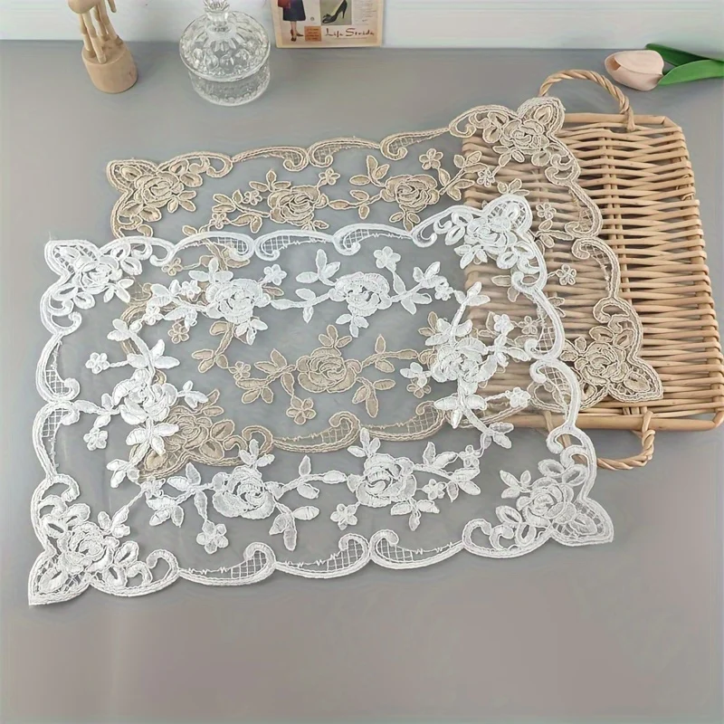 Mantel Individual de encaje de poliéster, tapete de mesa bordado rectangular, estilo Retro francés, cubierta antipolvo decorativa, 1 ud.
