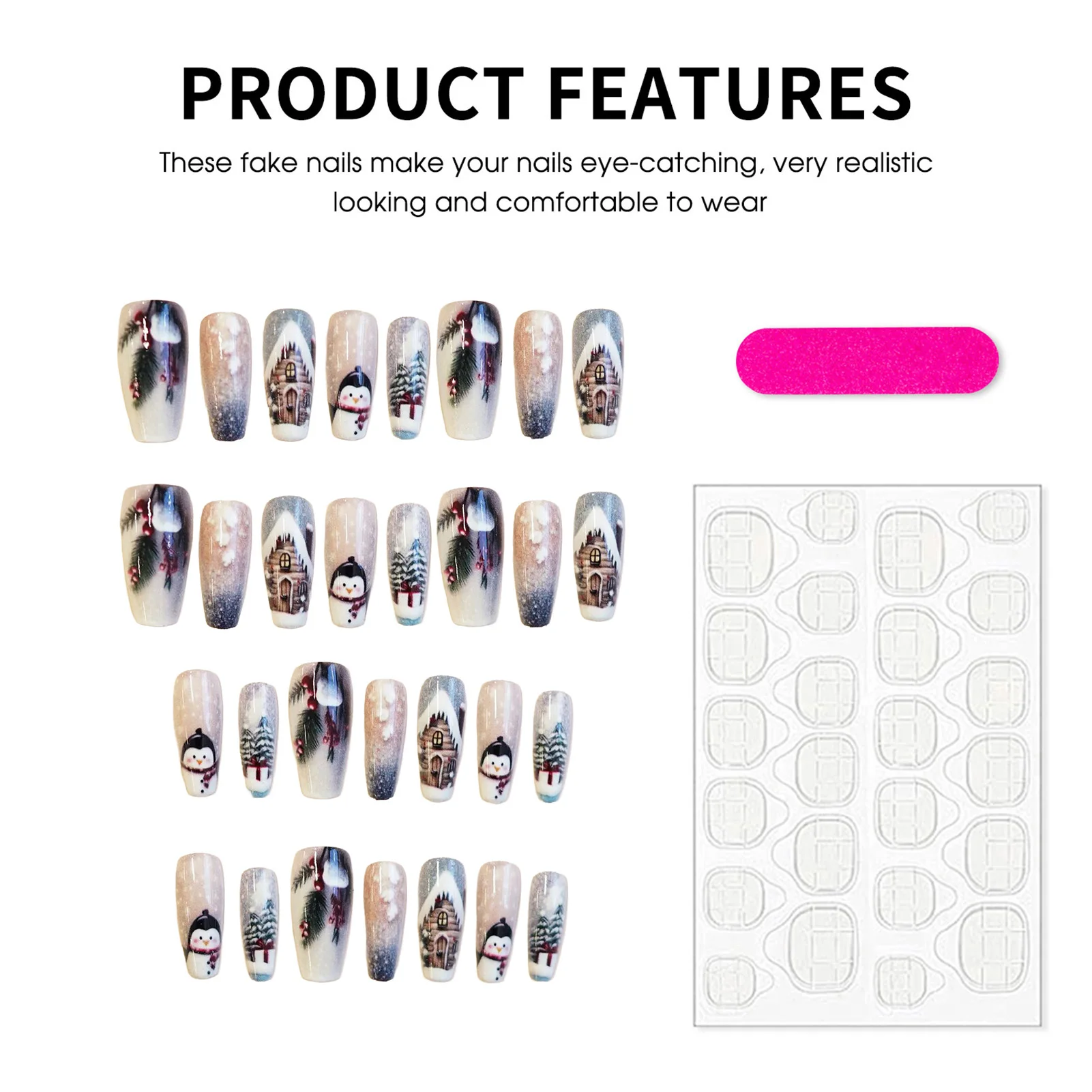 30 قطعة عيد الميلاد الأظافر وهمية مع البطريق/ندفة الثلج/شجرة عيد الميلاد تصاميم راقصة الباليه اضغط على الأظافر النساء السنة الجديدة حفلة الأظافر كاذبة #5