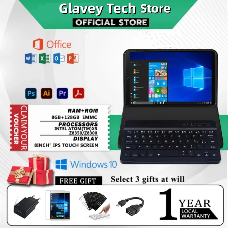 8 Inch Windows 10 Tablet PC 8GB RAM 128GB ROM CPU Z8300 Quad Core Dual Camera WiFi Micro USB Charge Top Sales