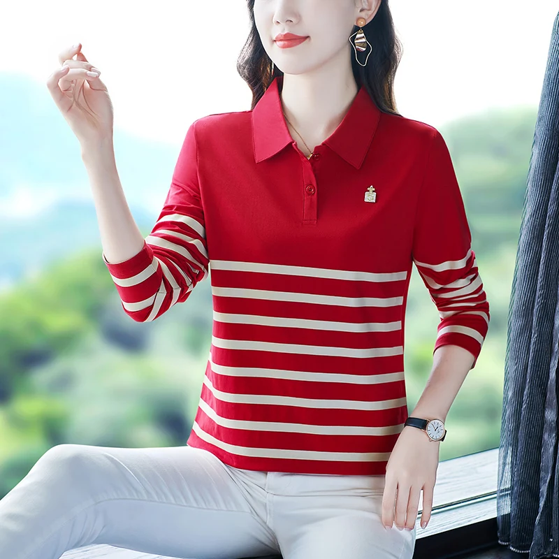 Striped Long Sleeve Sports Women's POLO Shirt Pretty Shirts Youthful Woman Clothes Aesthetic Elegant T-shirts Korean Style Sexy