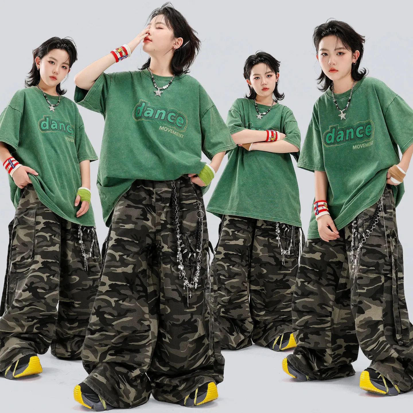 Children Boys Gilrs Streetwear Hip Hop Washed Short Sleeve T-shirt Cargo Pants Sets Kids T Shirt Trousers Stage Team Clothes