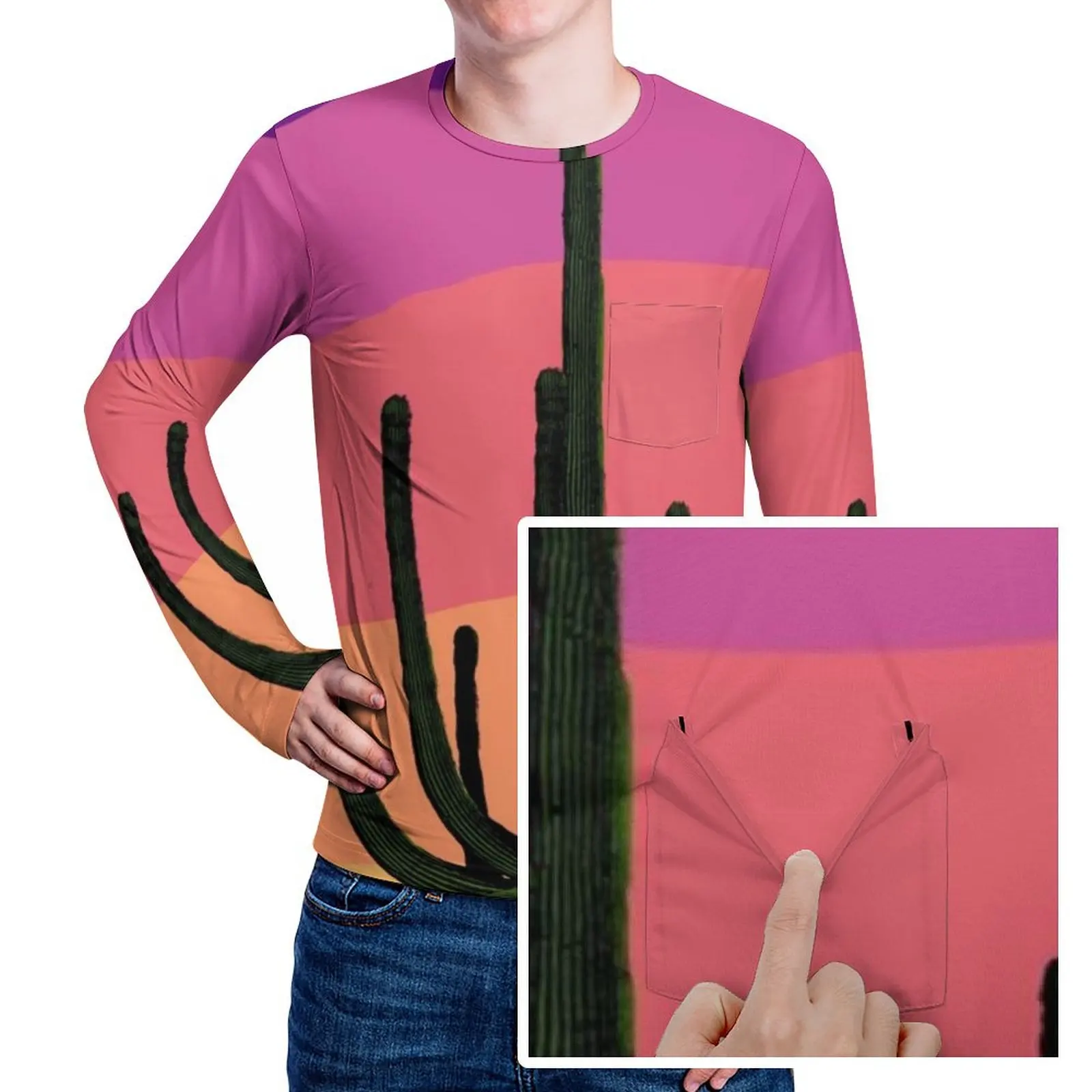 

Красочная женская футболка Saguaro С КАКТУСОМ и закатом, Классическая Весенняя женская футболка большого размера с длинным рукавом