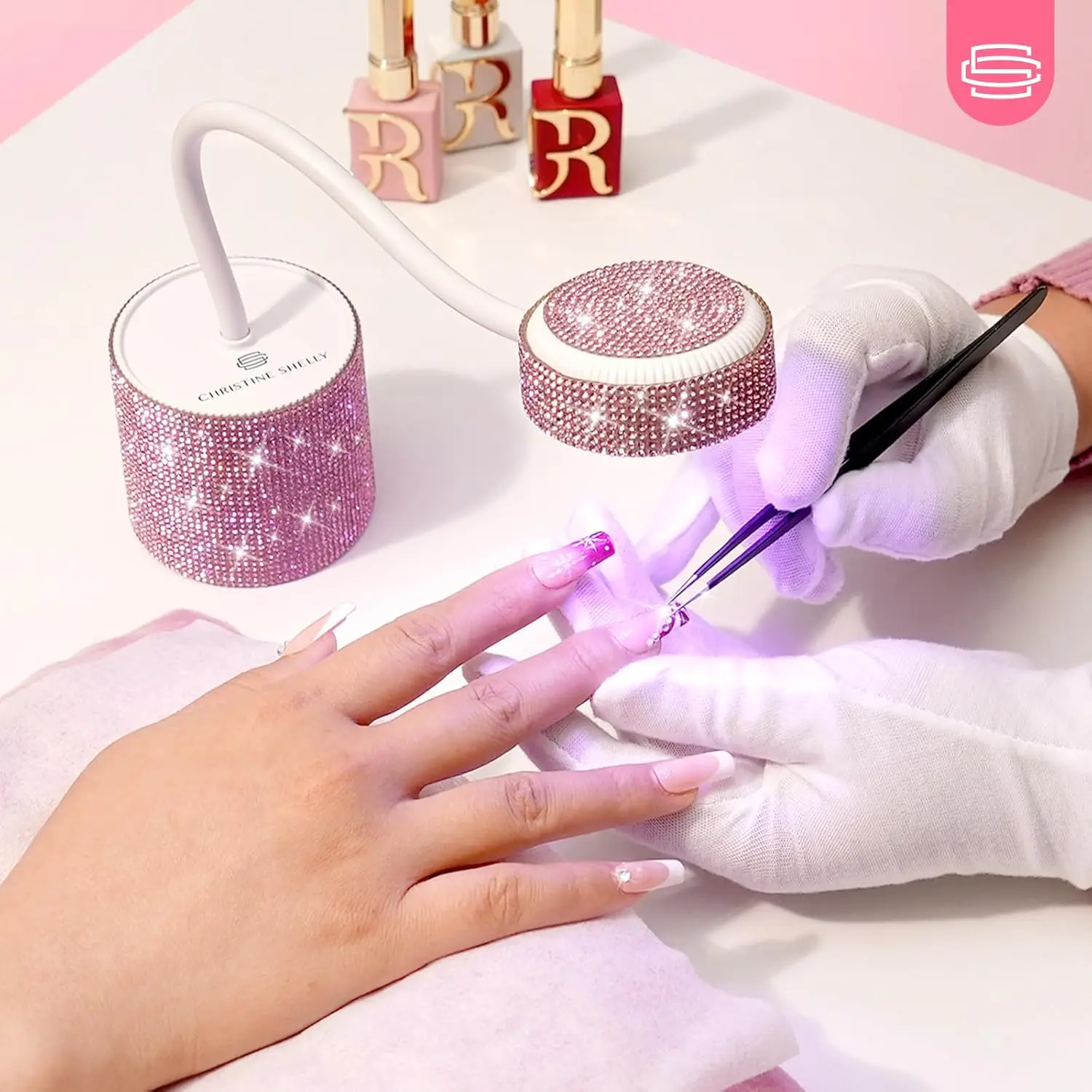 ジェルポリッシュ用ミニ充電式UV LEDネイルランプ、速乾性グースネックデザイン、ピンクダイヤモンド