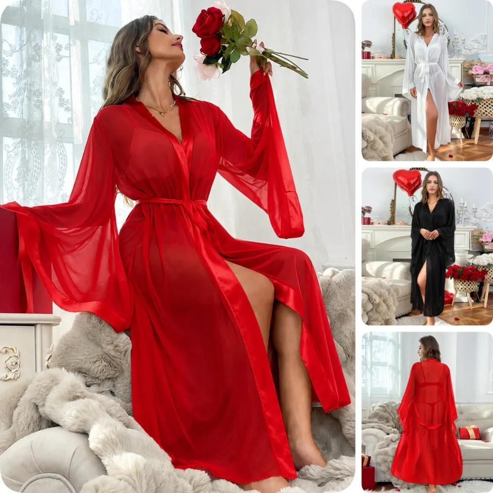 Sexy Sheer Mesh Long Bridal Morning Robe Wedding Getting Ready Photo Robe for Women Solid Color Home Sleep Robe Multi-Color