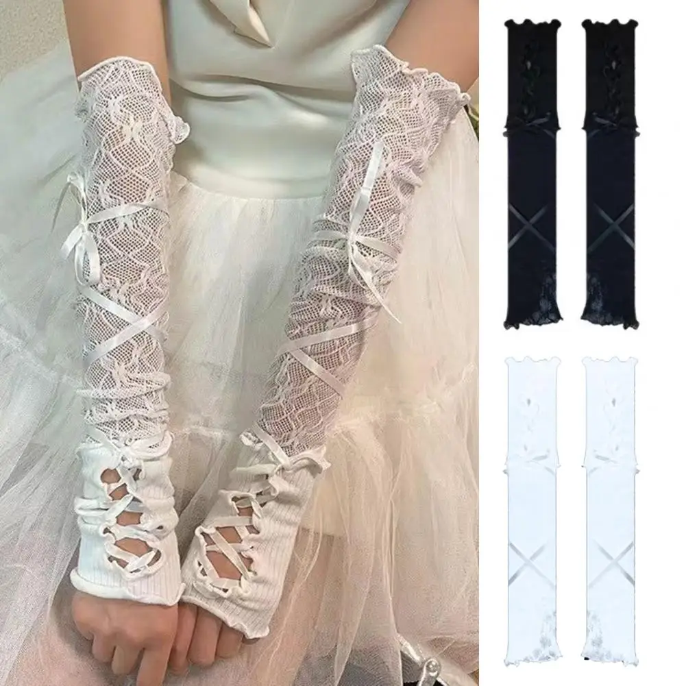 1 Pair Women Prom Arm Sleeves Lace Fingerless Lolita Style Hollow Out Shirring Performances Bride Wedding Photo Prop Arm Cuffs