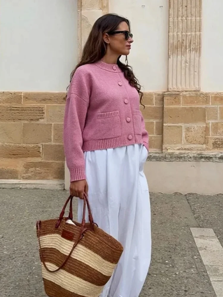 Casual Knitted Sweater Women Solid Long Sleeve O-neck Single-breasted Pockets Knitwear 2025 Autumn Winter Fashion Lady Outwears