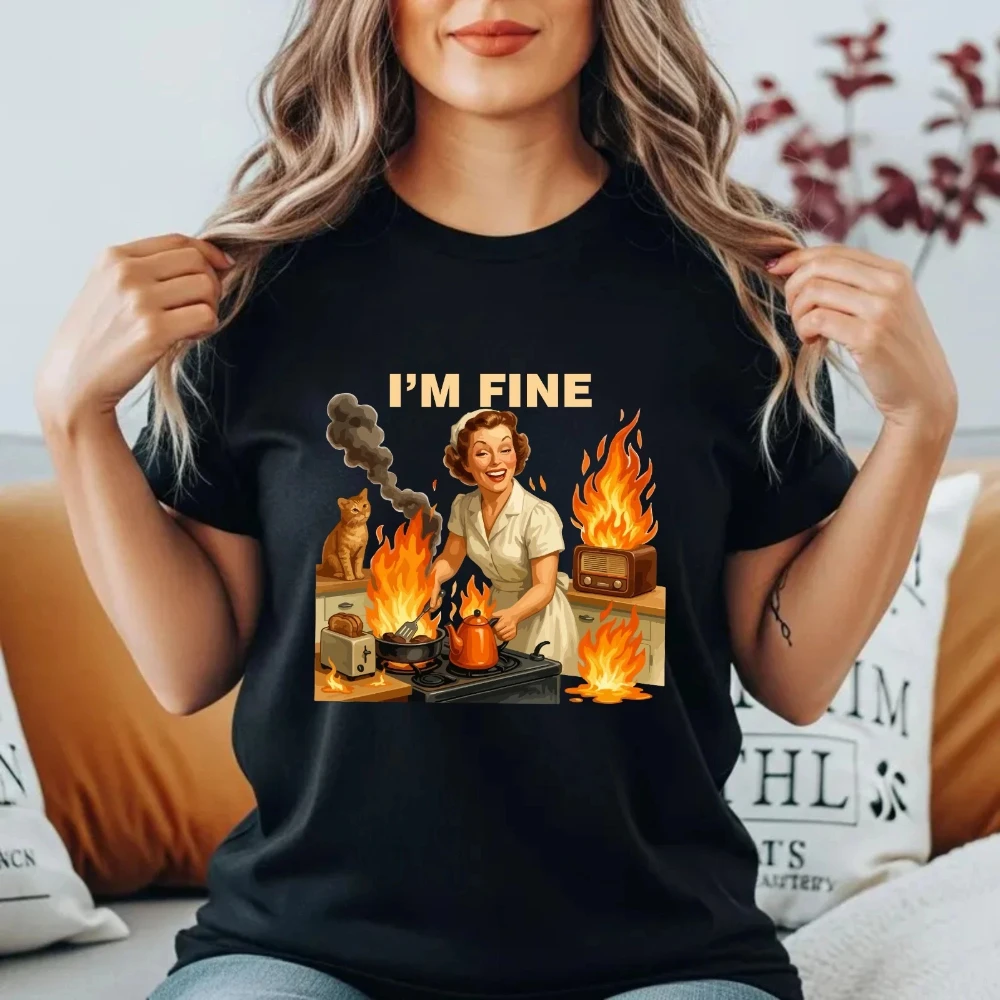 I'm Fine Retro Chaos Kitchen T-Shirt Funny Dark Humour Stress Meme Gift Tee Top Graphic Short Sleeve Casual Crew Neck T Shirt