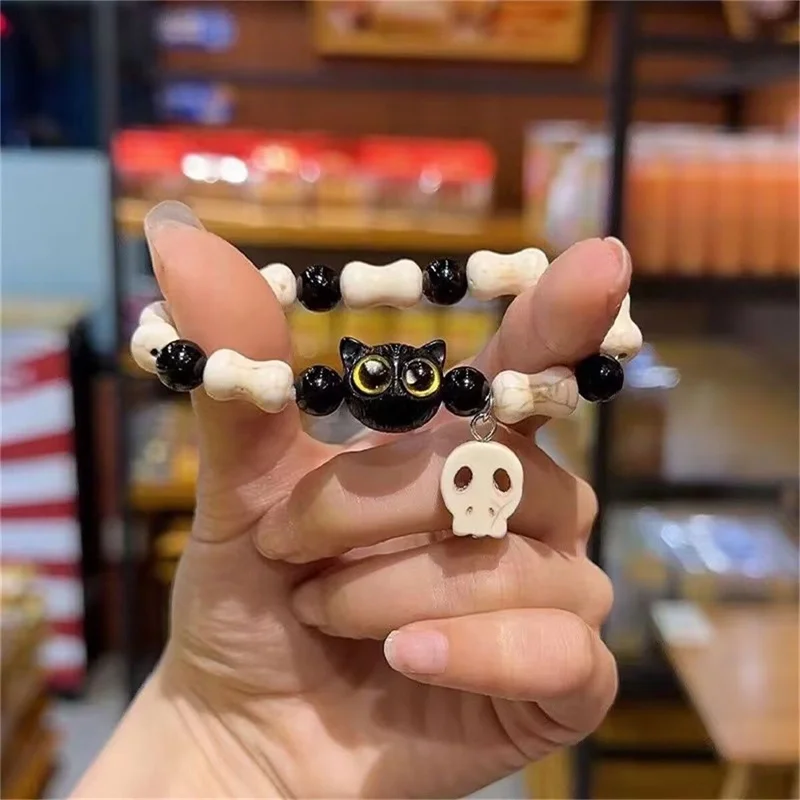 Cute Black Cat Bracelet for Women Men Gothic Halloween Skull Cat Cartoon Animal Beaded Bracelet Girl Festival Party Jewelry Gift