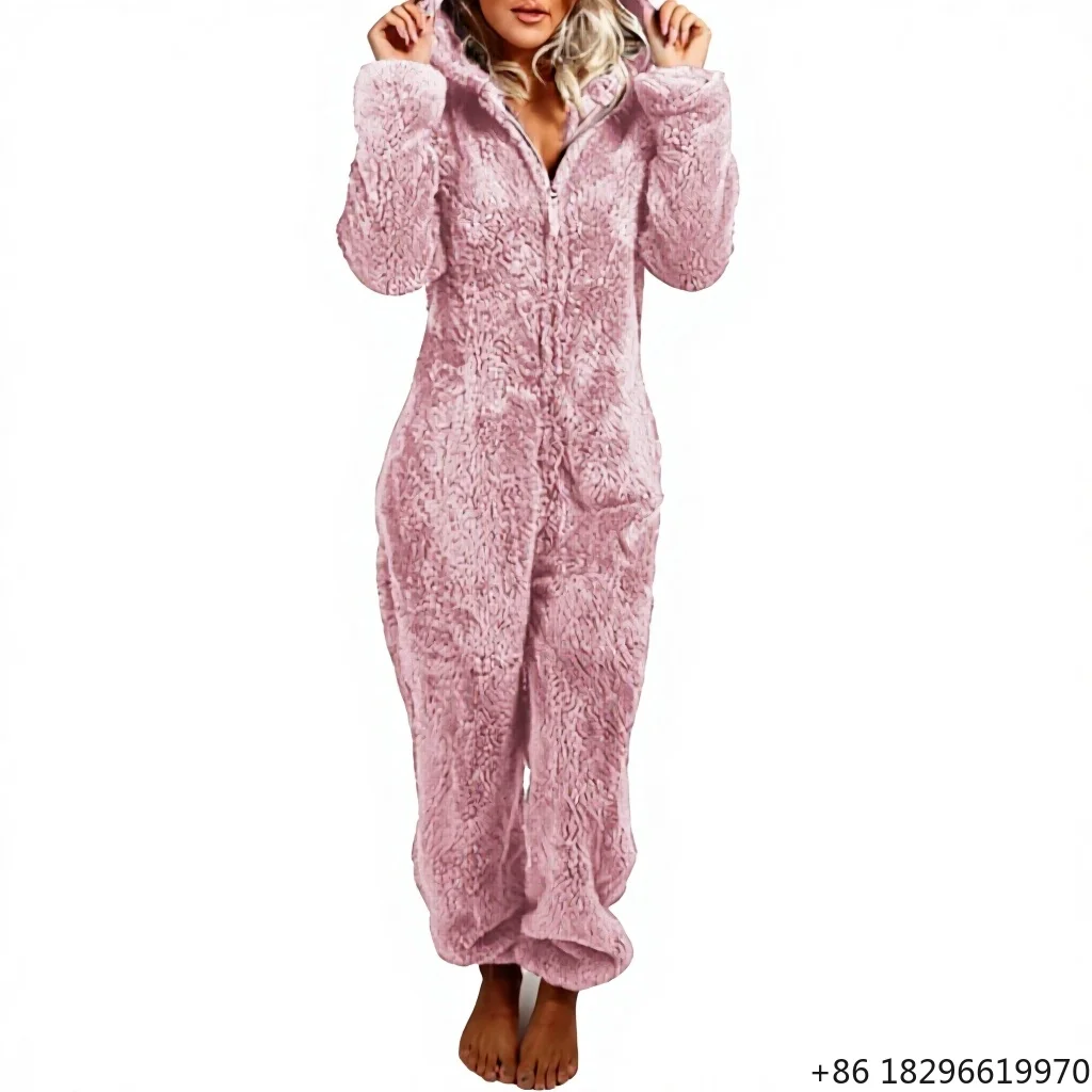Cross-border European American Women's Clothing 2024 Autumn Winter Plus Velvet Padded Mao Mao Nightgowns Hooded Bear Pajamas