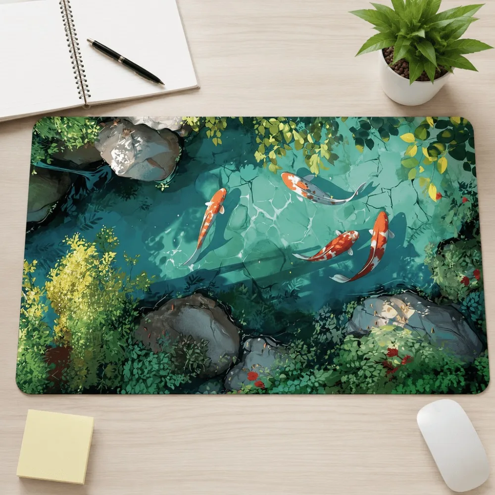 Koi pond natural printed tablecloth featuring a beautiful water garden artwork and anti-slip table accessories