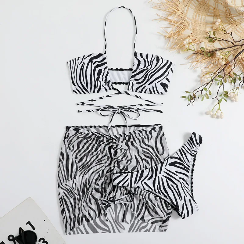 2025 new European and American striped printed drawstring lace-up three-piece swimsuit bikini bikini swimsuit
