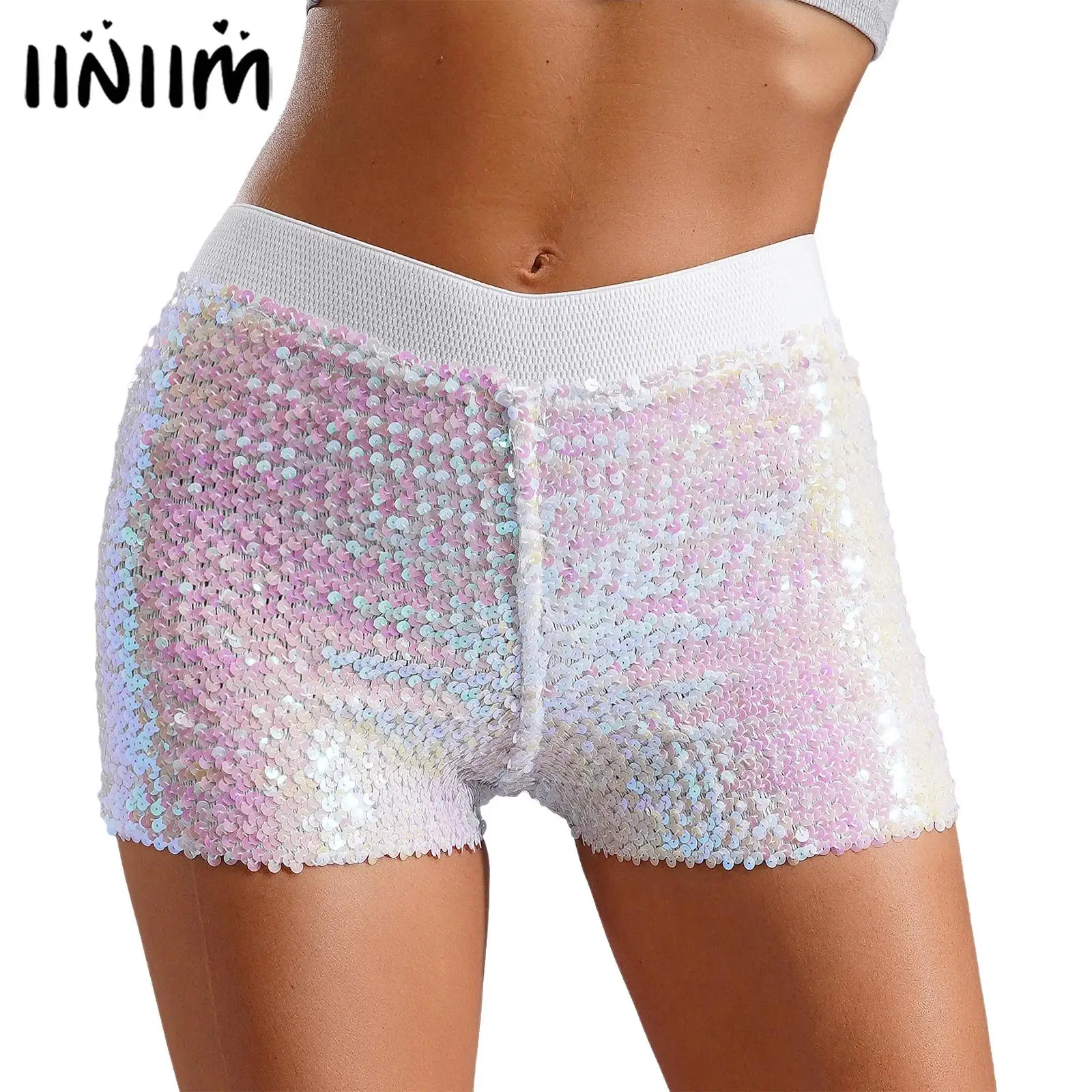 Womens Shiny Sequin Booty Shorts Elastic Waistband Stretchy Shorts Straight Leg Hot Pants for Pole Jazz Dance Club Party Bottoms