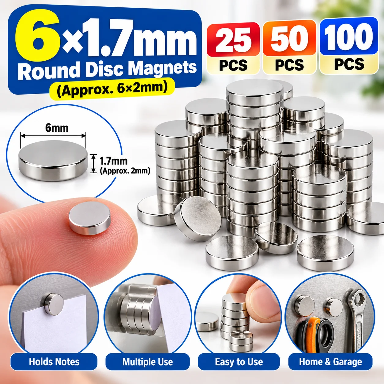 25/50/100PCS Small Round Disc Magnets, 6×1.7mm (0.24×0.07in), Silver Mini Magnets for Fridge, Photos, Notes, Office & Crafts
