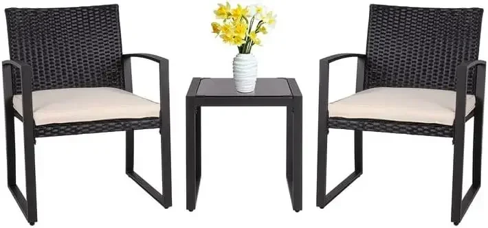 3 Pieces Outdoor Patio Furniture Set Modern Black Wicker Bistro Set Rattan Chair Conversation with Coffee Table