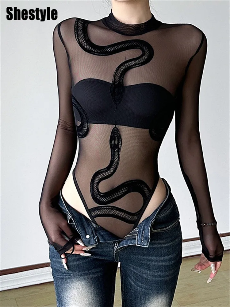 Shestyle Snake Print Black Mesh Bodysuits Women See-Through Long Sleeve Sheer Mock Neck Elegant Sexy Clubwear Thin Slim T-Shirt