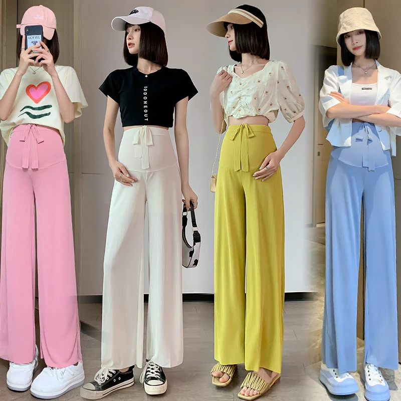 Maternity High Waist Abdomen Pants Wide Leg Loose Prenancy Full Length Belly Pants Summer Thin Cool Trouser For Pregnant Women