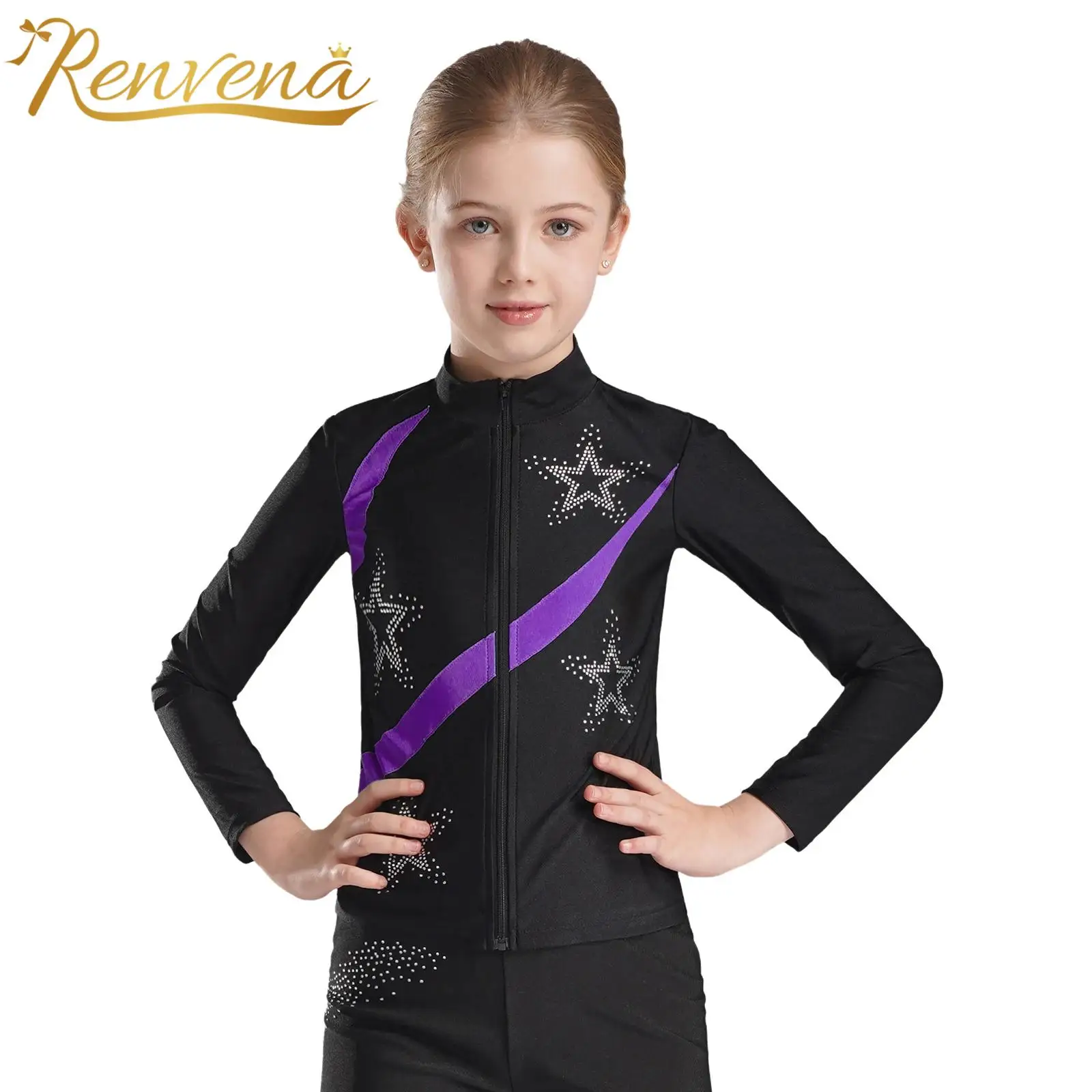 Kids Girls Gymnastics Jacket Shiny Rhinestone Star Sports Top Long Sleeve Zipper Sweatshirt for Workout Figure Skating Coats