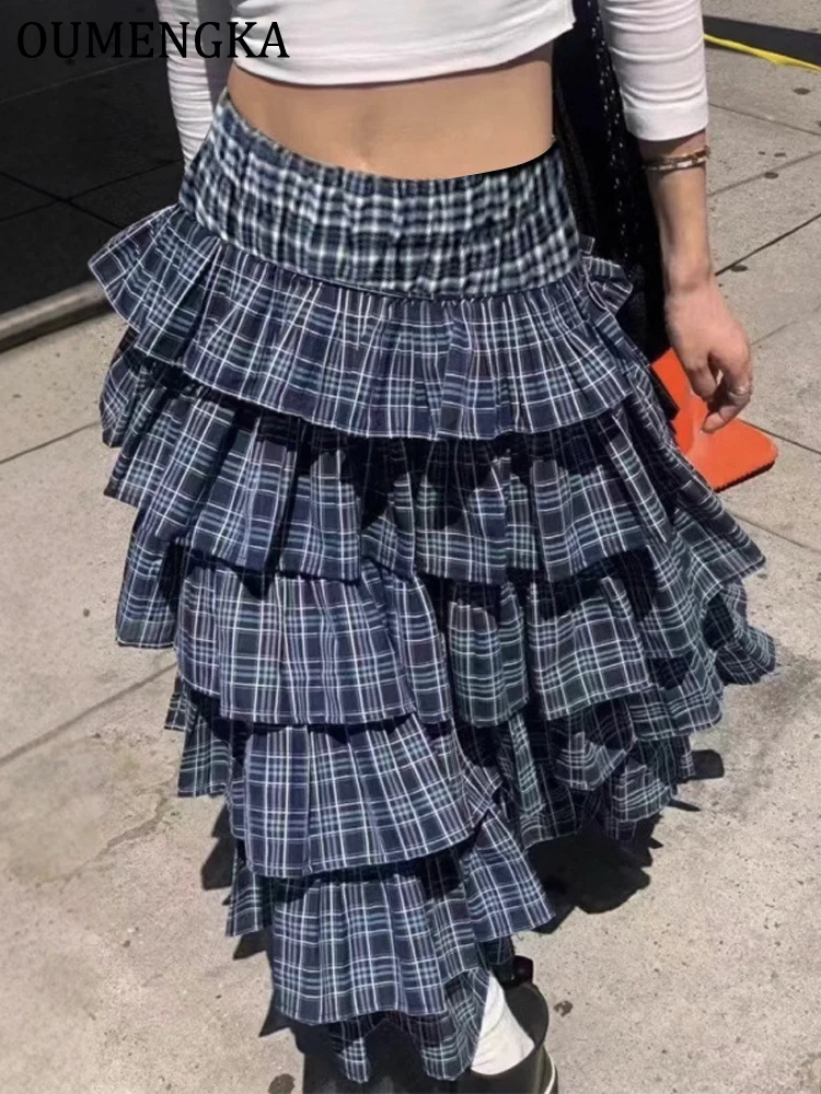 Blue Plaid Multilayer Ruffle Skirt A-line Women Summer Sweet Hottie Preppy Style Elastic Waist Slim Thin Simple Casual Dress