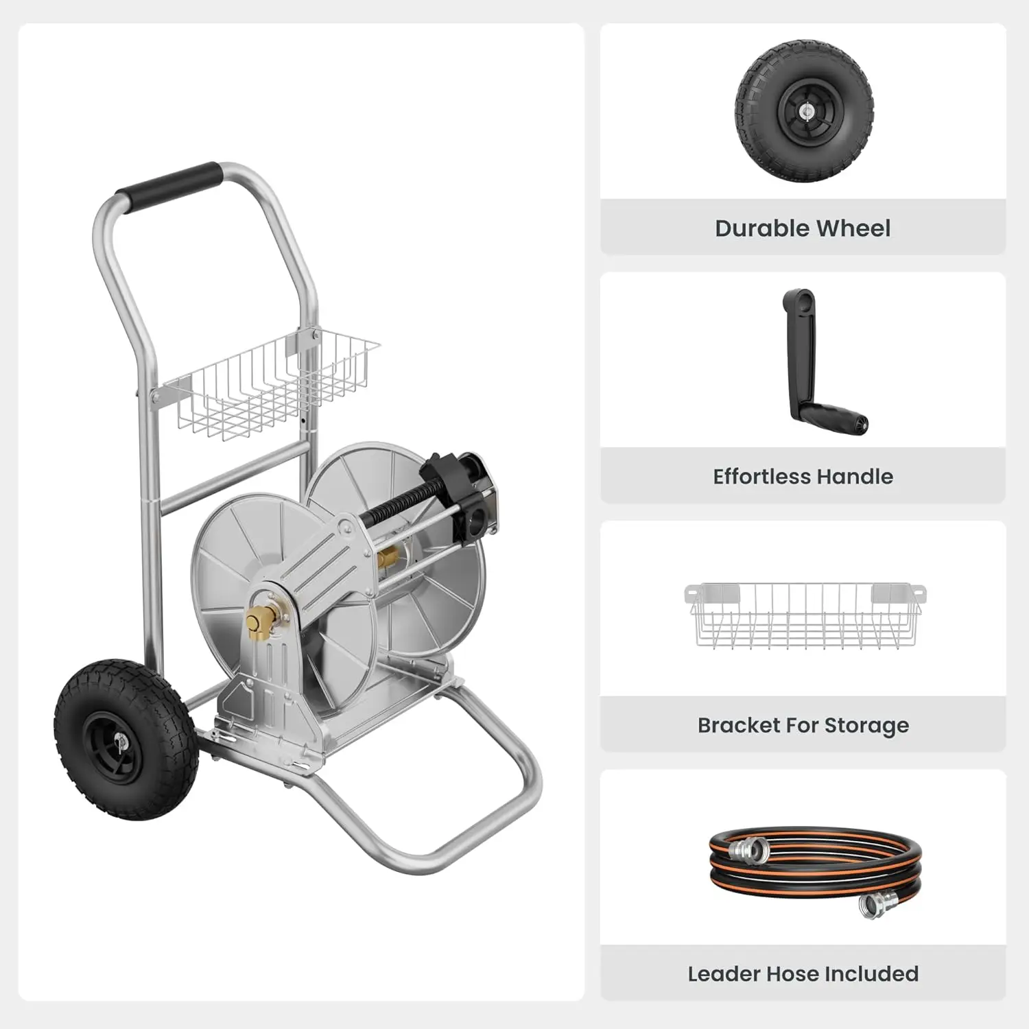 Garden Hose Reel Cart With Wheels, Stainless Steel Heavy Duty Water Hose Reel Cart, 200 Ft Of 1/2 Capacity, Mobile For Outside