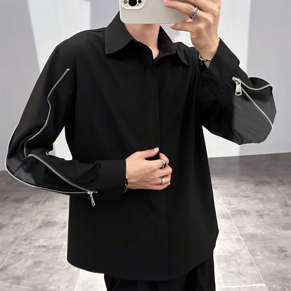 Men Spring Y2k Shirt Side Zipper Casual Shirt Streetwear Fashion Nightclub Stage Performance Long Sleeve Top Men'S Clothing 2026