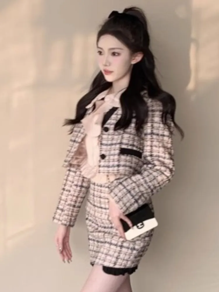 Autumn Winter Korean Two Piece Skirt Set Women Elegant Plaid Short Tweed Jacket+Bodycon Mini Skirt Suit Female Sweet Outfits