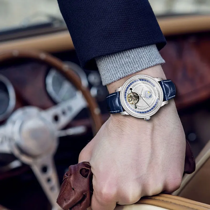 Tourbillon Diamond Sapphire Men's Watches Automatic Leather Strap Sapphire Luxury Top Mechanical Wristwatches