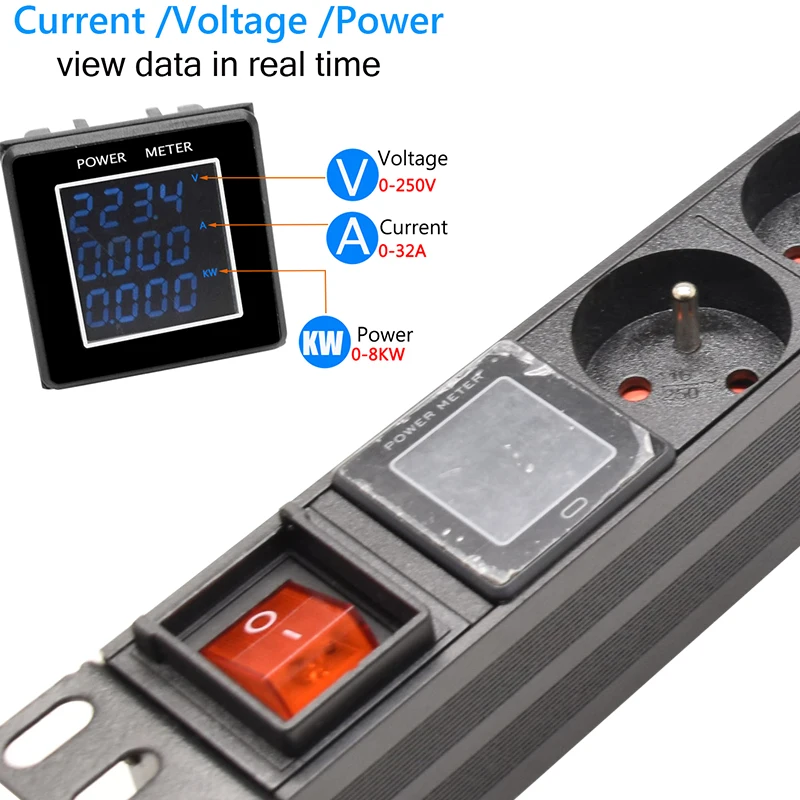 19inch Cabinet mount PDU power strip LCD current/voltage/power meter 8 Ways French Socket outlets 2M Extension cord