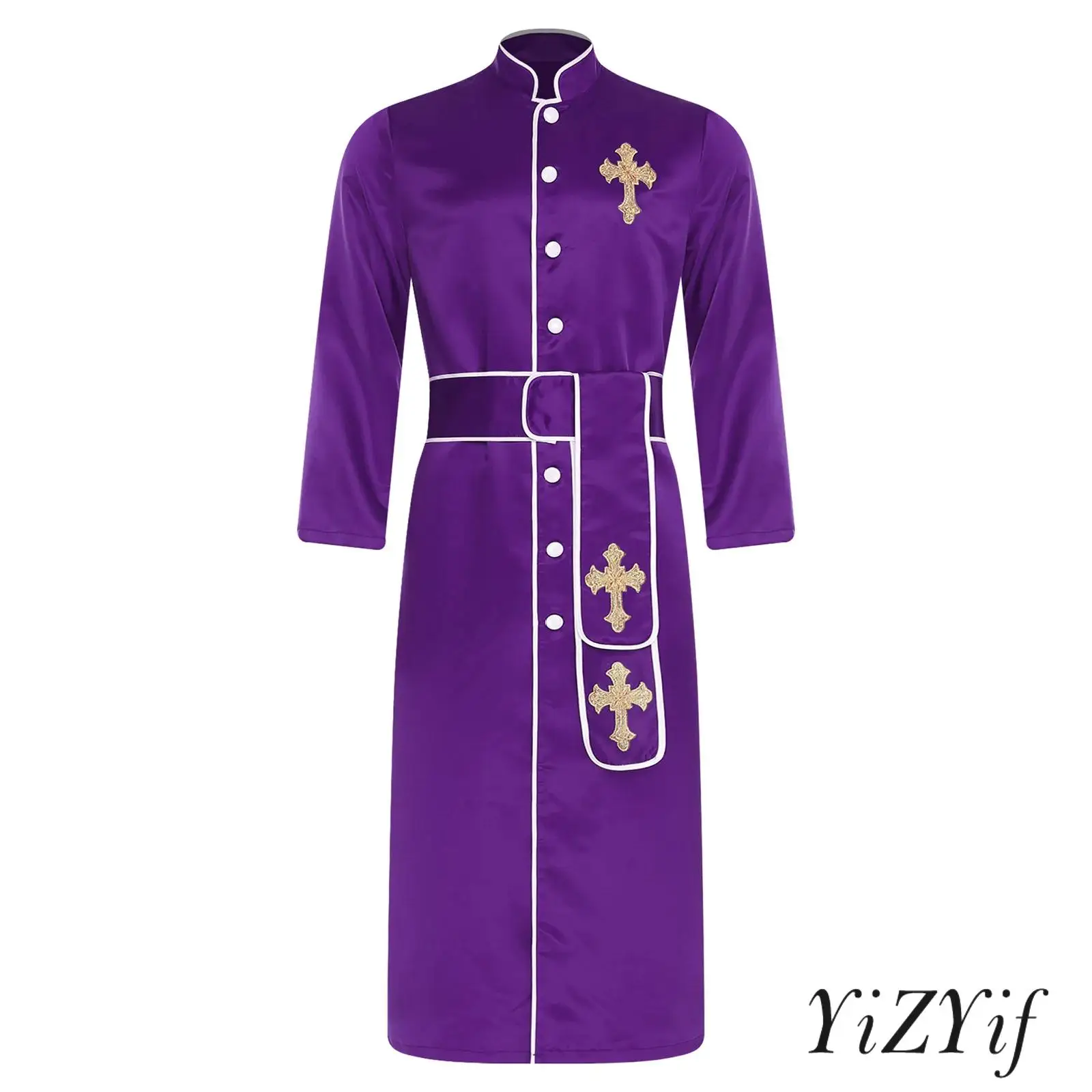 

Adults Men Church Priest Clergy Robe with Belt Shiny Cross Embroidery Stand Neck Long Jackets for Halloween Pastor Cosplay