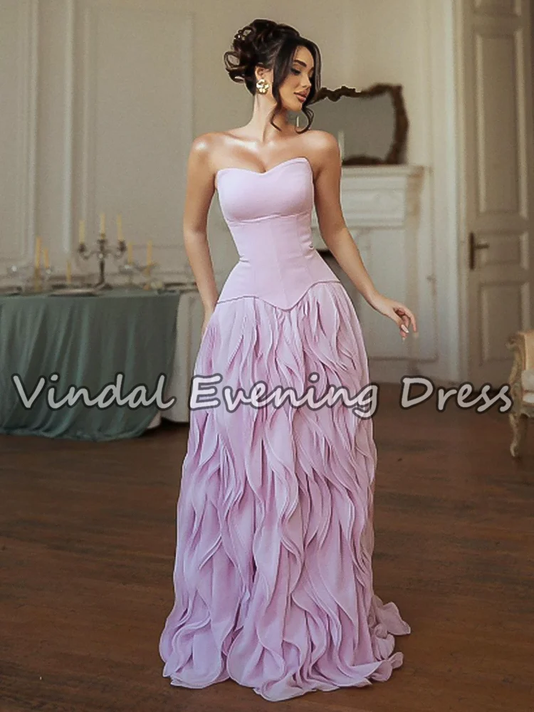 فستان حفلة موسيقية من Vindal باللون الوردي الكشكشة من الشيفون بدون حمالات على شكل حرف A فستان سهرة للنساء فستان حفل المشاهير مخصص #3