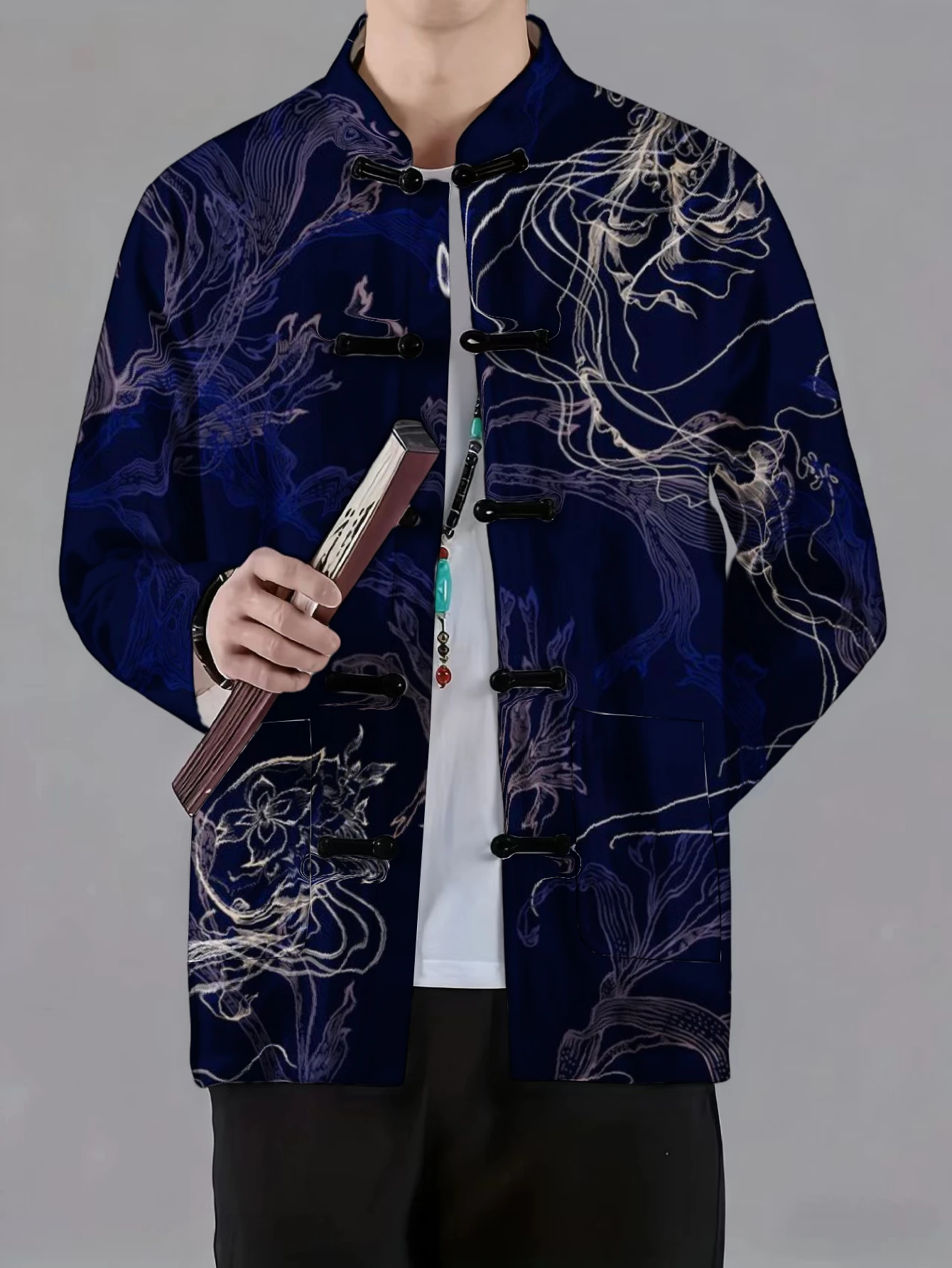 Men Men Mandarin Collar Frog Button Long Sleeve Jacket Chinese Traditional Floral Bird Dragon Line Art Print Casual Outerwear - Aliexpress Deal