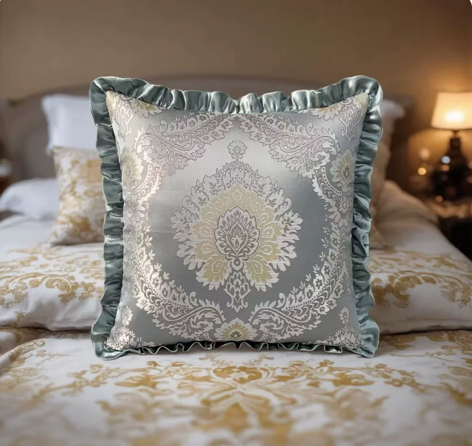 Silver European Cushion Cover with Ruffled Edges, Car Lumbar Pillows, Pastoral Throw Pillows for Sofa Hotel Decoration