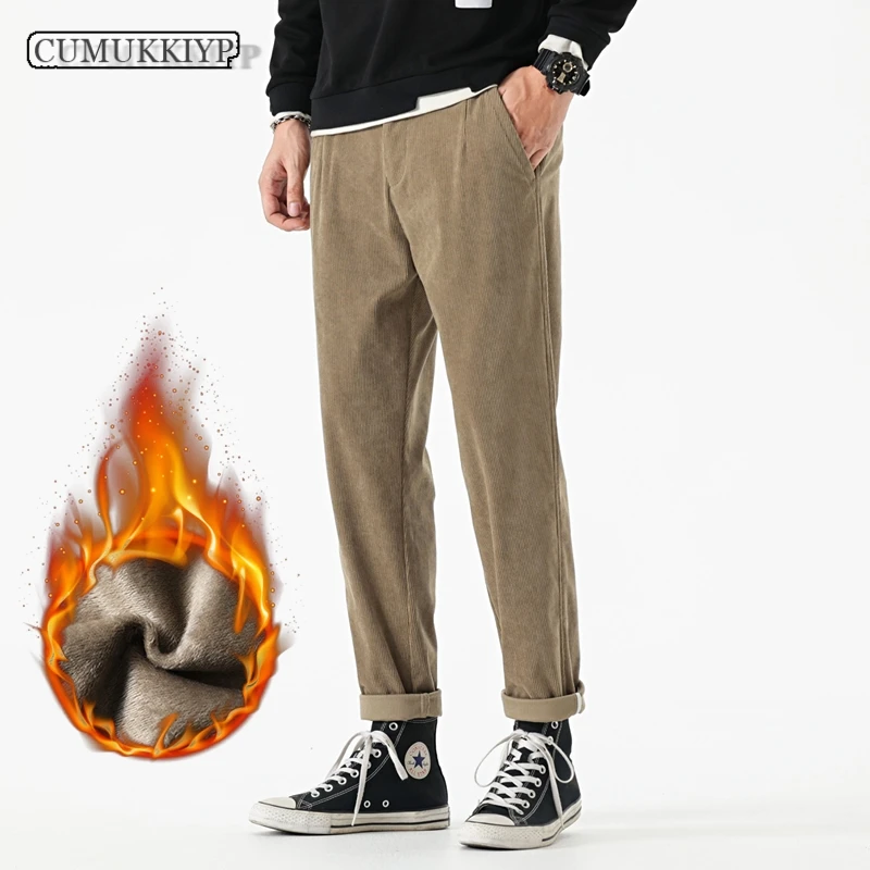 

CUMUKKIYP Men's Loose Corduroy Pants Autumn and Winter Fashion Sports Casual Trousers Fleece Lining Thickened