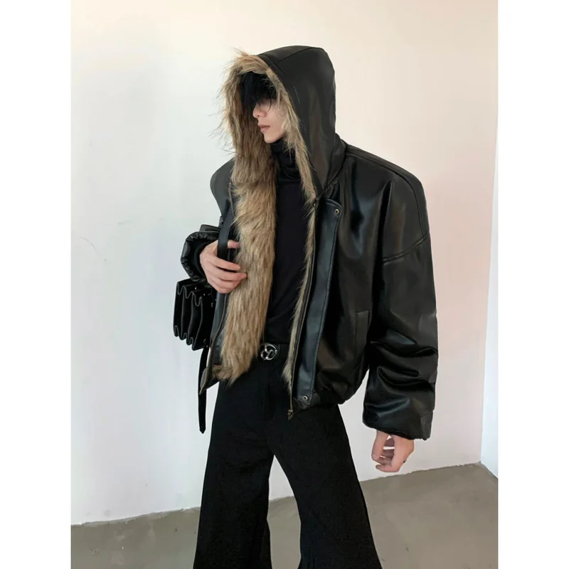 Men\'s Fashion Faux Fur Jacket Winter Warm Designer Coat Reversible Leather Outerwear For Male Personality PU Tops