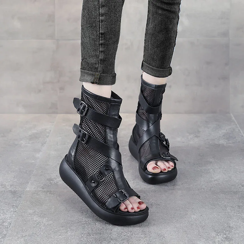 DRKANOL Fashion Women Wedges Sandals Summer Air Mesh Cool Boots Ladies Genuine Leather Open Toe Platform Gladiator Sandals Black