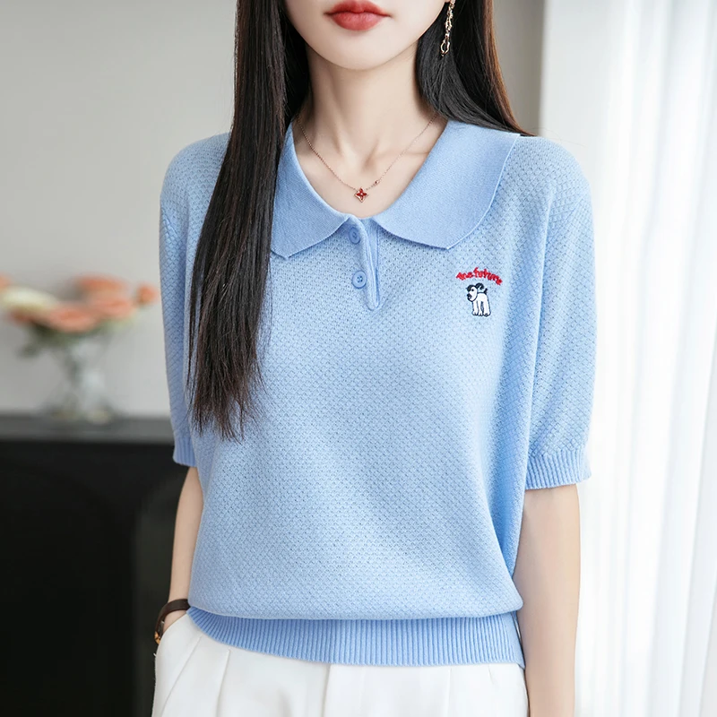 

Women's T-shirt Summer New Worsted Knitted Tees Casual Solid Sweater Short Sleeve POLO Collar Blouse Ladies Clothes Loose Tops
