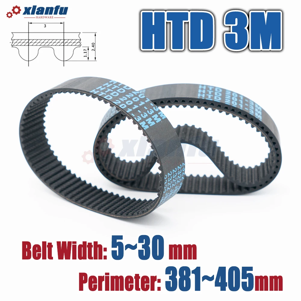 HTD 3M Rubber Timing Belt Closed Loop Perimeter HTD3M 381 384 387 390 393 396 399 402 405mm Drive Transmission Width 5~30mm CNC