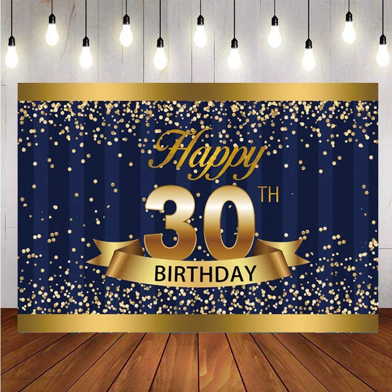 

Happy 30th Birthday Backdrop Blue Glitter Men Woman Thirty Birthday Party Photography Background Banenr Decoration Supplies