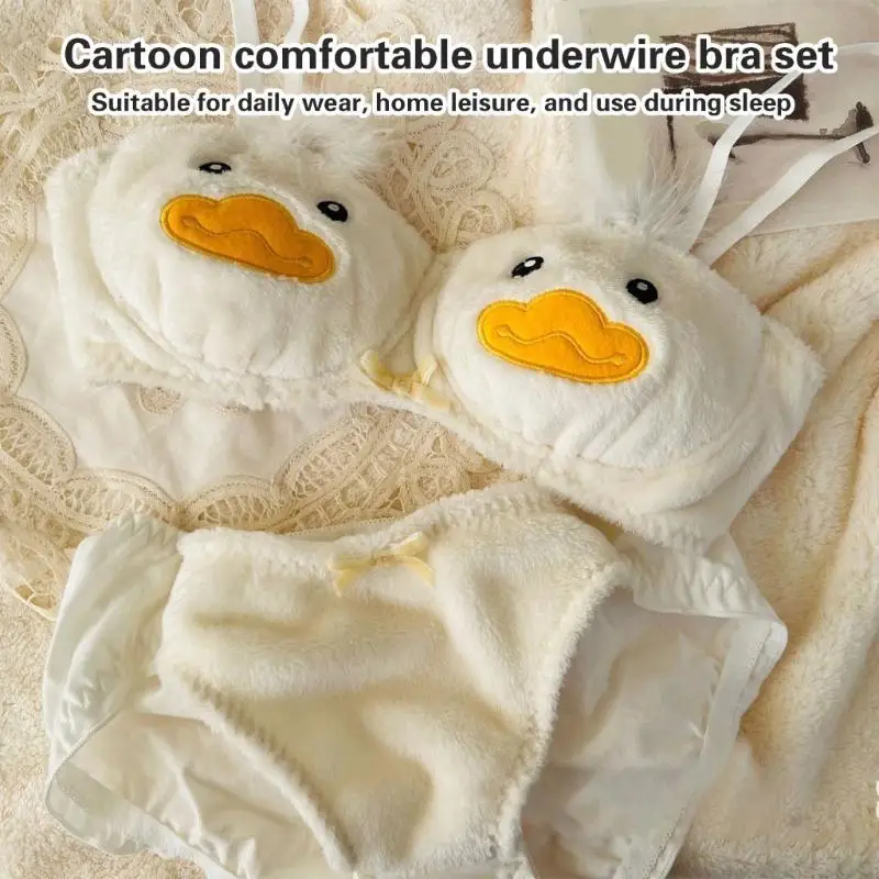 

L5YC Women's Girls Plush Underwear Female Anime Cartoon Duck Pattern Furry Bra and Panty Set Winter Lingerie Intimates