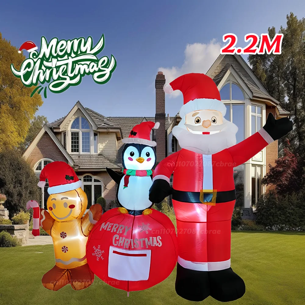 عيد الميلاد 2.2 متر طويل نفخ سانتا كلوز البطريق ، رجل الزنجبيل المدمج في أضواء LED للمربعات ساحات المروج تزيين #2