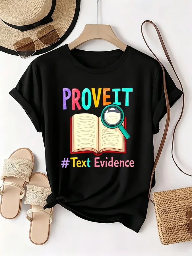 Prove It Text Evidence Teacher T Shirt Women Funny Reading Graphic Tees 90s Vintage Style Crewneck Short Sleeve Casual Summer Class Outfit