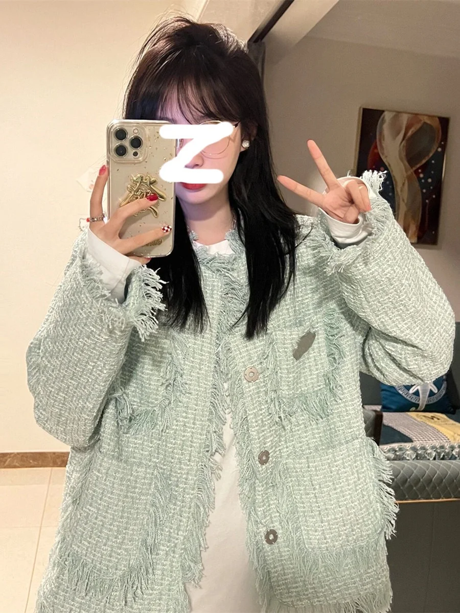 

plus Size Women's Autumn Winter Tassel Jaet Slimming Design Small Fraance Sle Top High Quali Faionable Outerwear