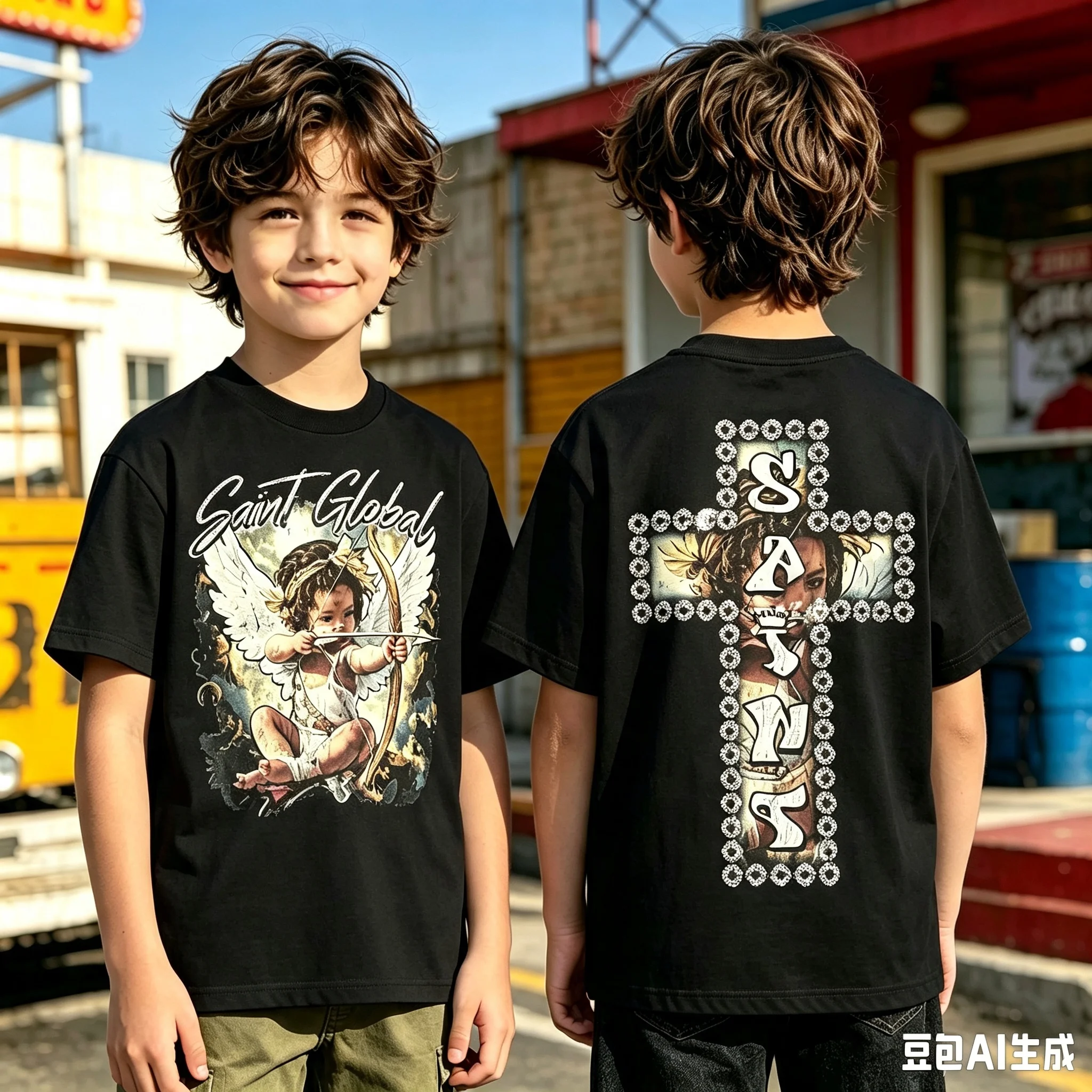 1pc Combining Faith And Fashion,Little Angels Printed Cotton T shirt Unisex Men Women Kids Streetwear Casual Short Sleeve Tops