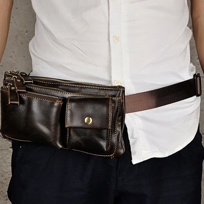 Imagem -03 - Couro Genuíno Fanny Pack para Homens Carteira Bolsa de Ombro Mensageiro Bolsa de Viagem Bolsa de Couro Real Quadril Cinto de Cintura Masculino Bolsa de Embreagem