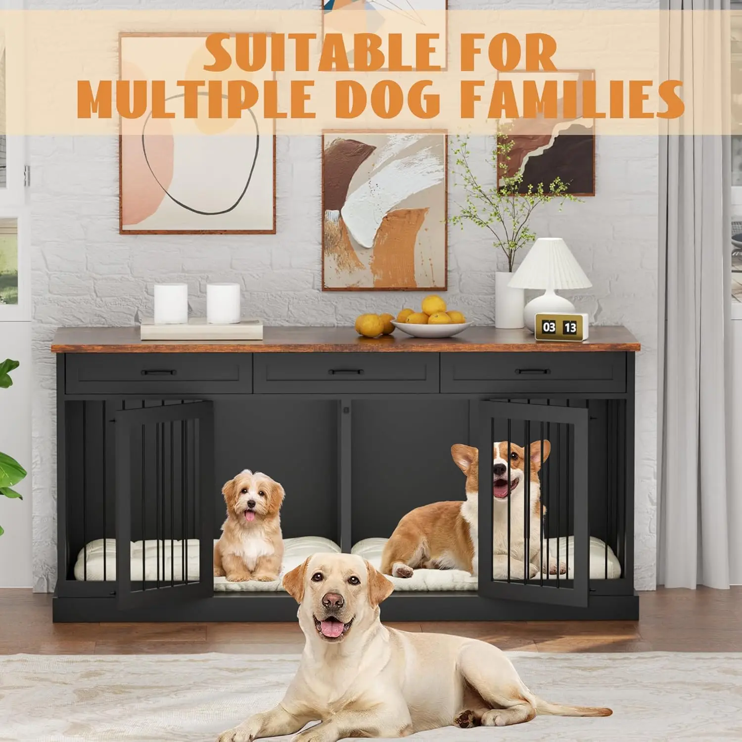 70.9 بوصة أثاث قفص الكلب ل 2 الكلاب قفص كلب مزدوج خشبي شديد التحمل أثاث بيت الكلب حامل تلفاز