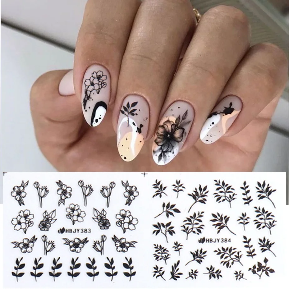 12PCS / Set Black Nail Stickers Flower Leaf Necklace 3D Sliders Decal Gel Polish Sticker DIY Design Manicure Tips